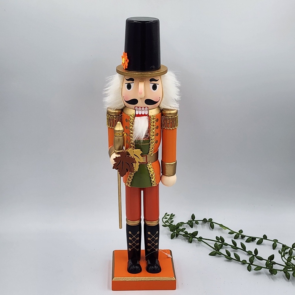 Fall Harvest Thanksgiving Pilgrim Nutcracker Orange Leaves Wooden Decor 14 Inch